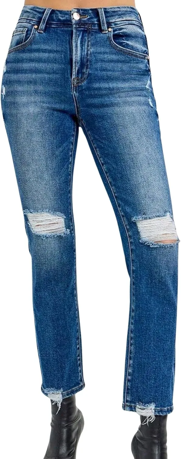 

Женские джинсы Casual Straight с эффектом потертости и рваными деталями, высокий подъем, укороченные, темная стирка, Raw Hem, на пуговицах Yanhoo