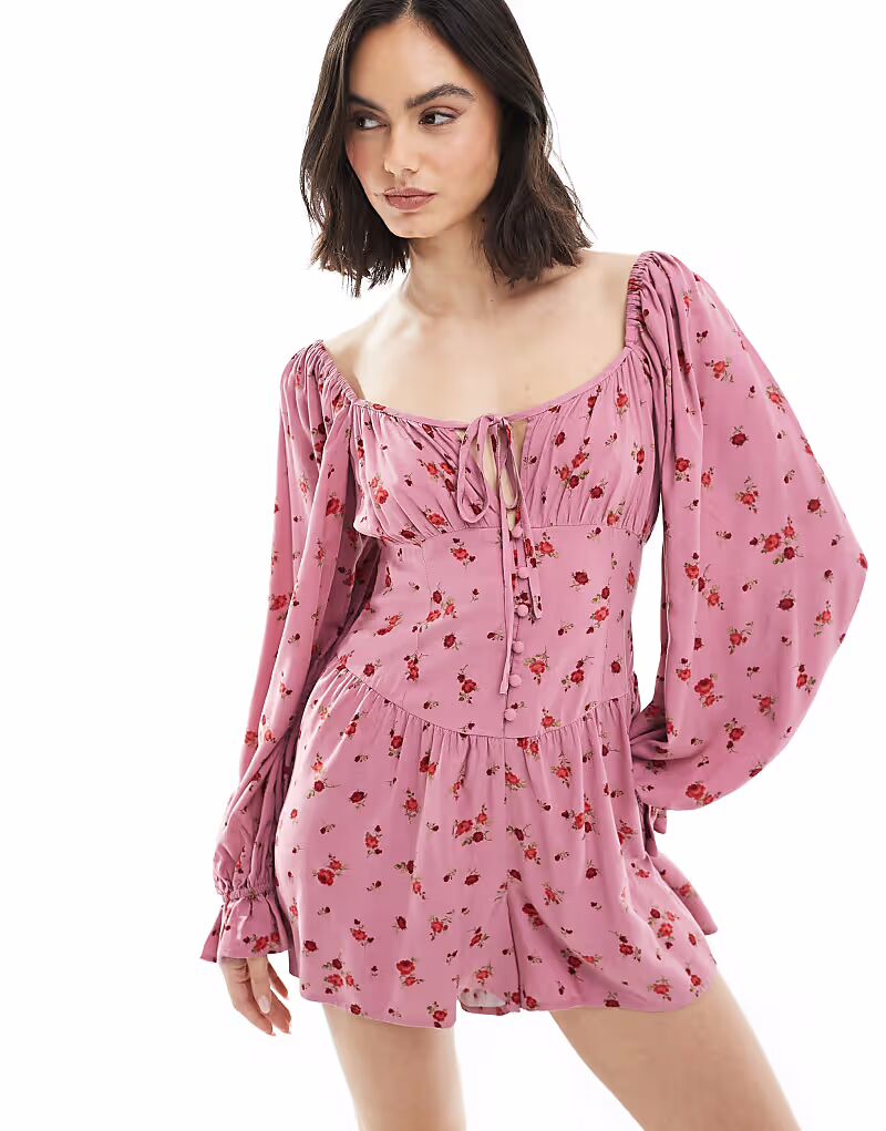 

Комбинезон с длинными рукавами и розовым мелким цветочным принтом Miss Selfridge