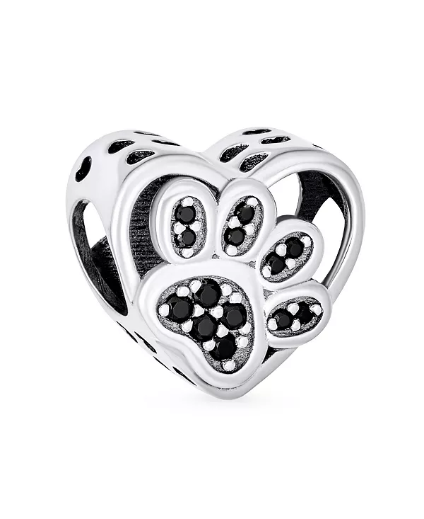 

Черная бусина-подвеска в виде сердца с отпечатком лапки от CZ для любителей домашних животных - подходит для европейского браслета Bling Jewelry, grey