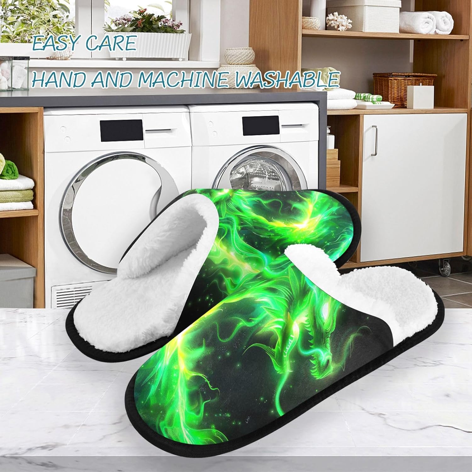 Домашние тапочки UMIRIKO Green Flame Dragon Loong для женщин и мужчин, моющиеся, с нескользящей подошвой, с сумкой для хранения, для путешествий и спа 20856152, зеленый — фото 3