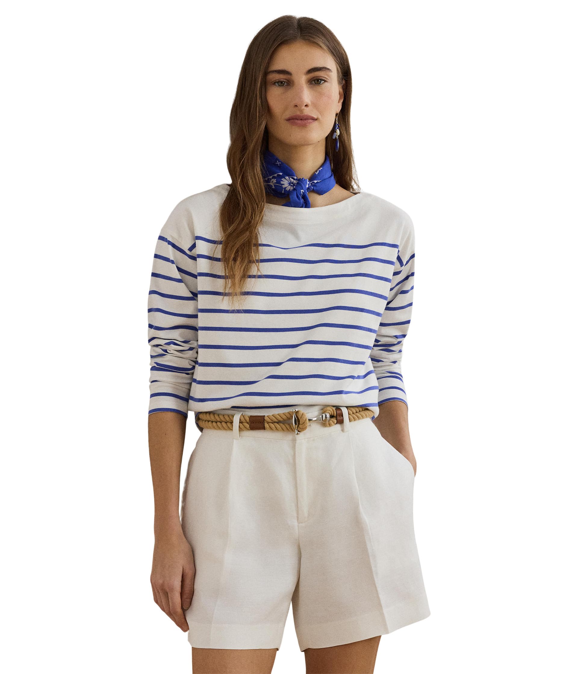

Топ Lauren Ralph Lauren Striped Cotton Jersey Boatneck Top, White/Blue Lapis