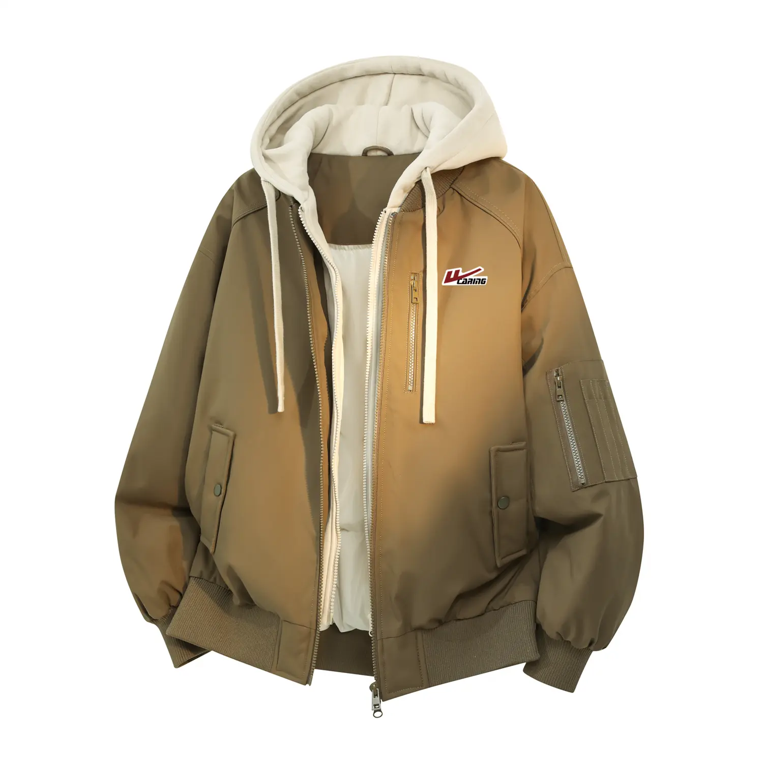 

Пуховик Unisex с капюшоном, утепленный флисом, стиль Mock Two Piece WARRIOR, army зеленый (diy badge)