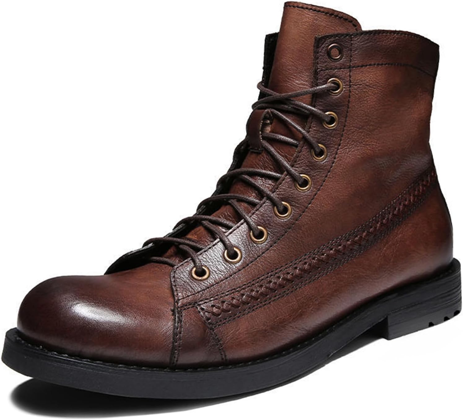 

Мужские винтажные кожаные мотоциклетные ботинки на шнуровке, модные с круглым носком, водонепроницаемые, противоскользящие, повседневные ботинки чукка, высокие кожаные боевые ботинки Oigunle, коричневый