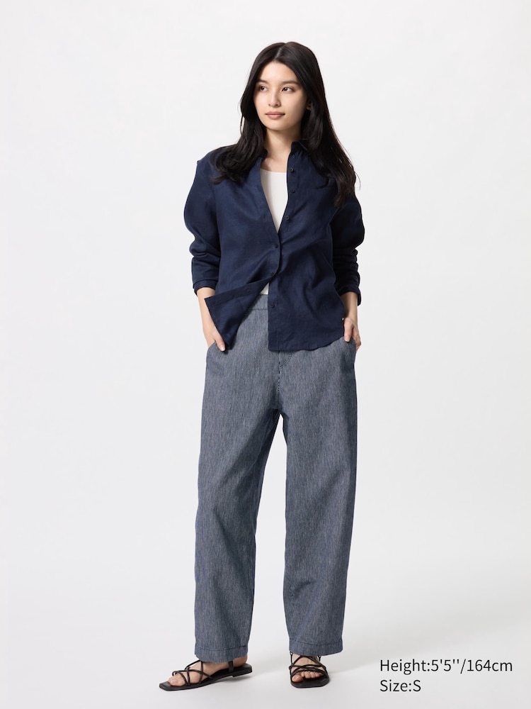 

Зауженные брюки из льна и хлопка в полоску Uniqlo, цвет 69 синий