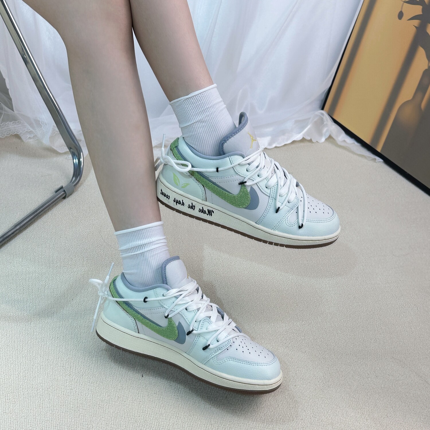 Кроссовки Air Jordan 1 Vintage Basketball Shoes Women's Low-top White/green, цвет Customized — фото 2