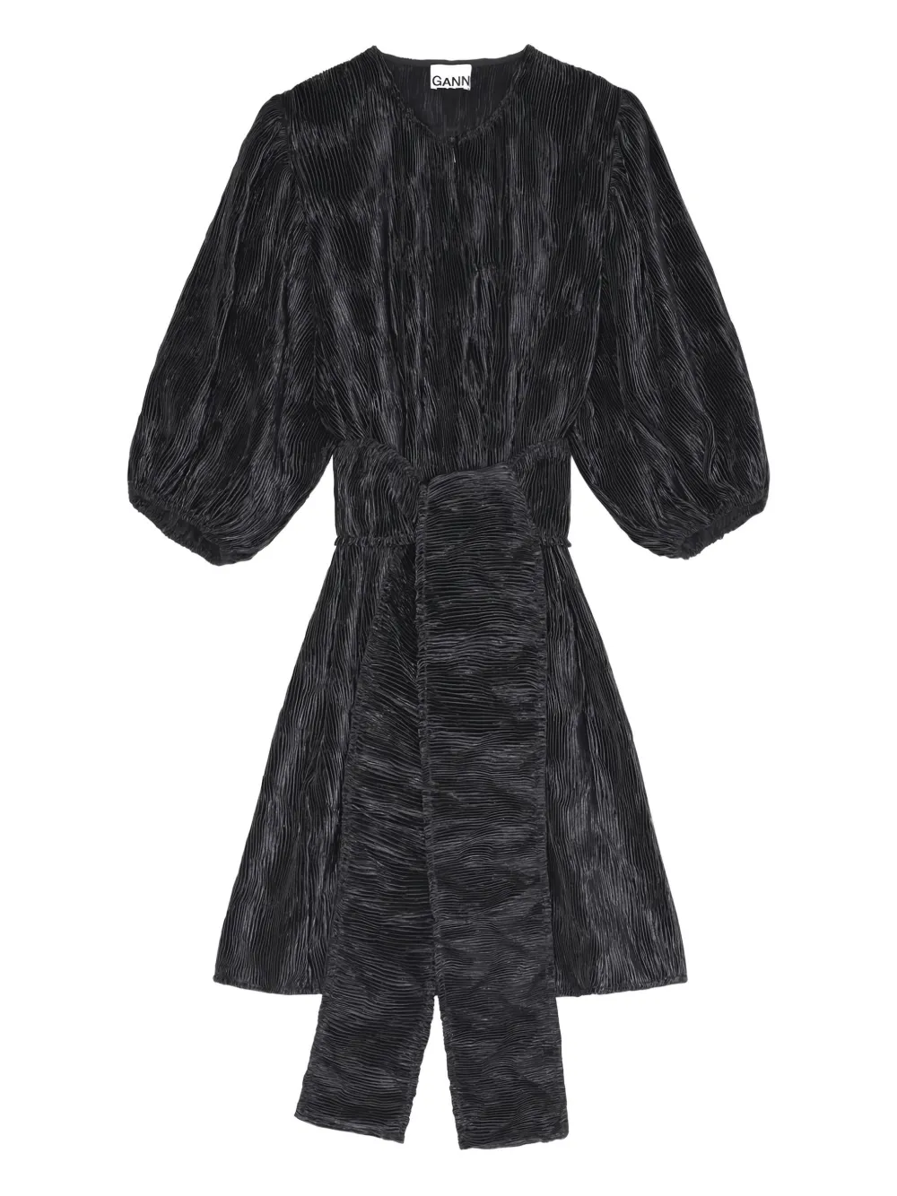 

Плиссированное платье мини с объемными рукавами Ganni, черный