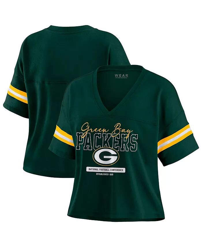 

Женская зеленая футболка Green Bay Packers Color Block с V-образным вырезом и свободным кроем WEAR by Erin Andrews