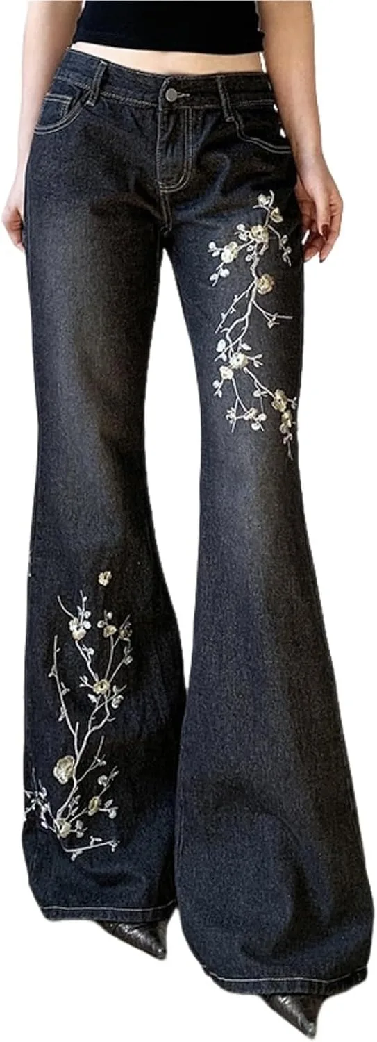 

Винтажные джинсы low rise flare для женщин Y2K с вышивкой floral