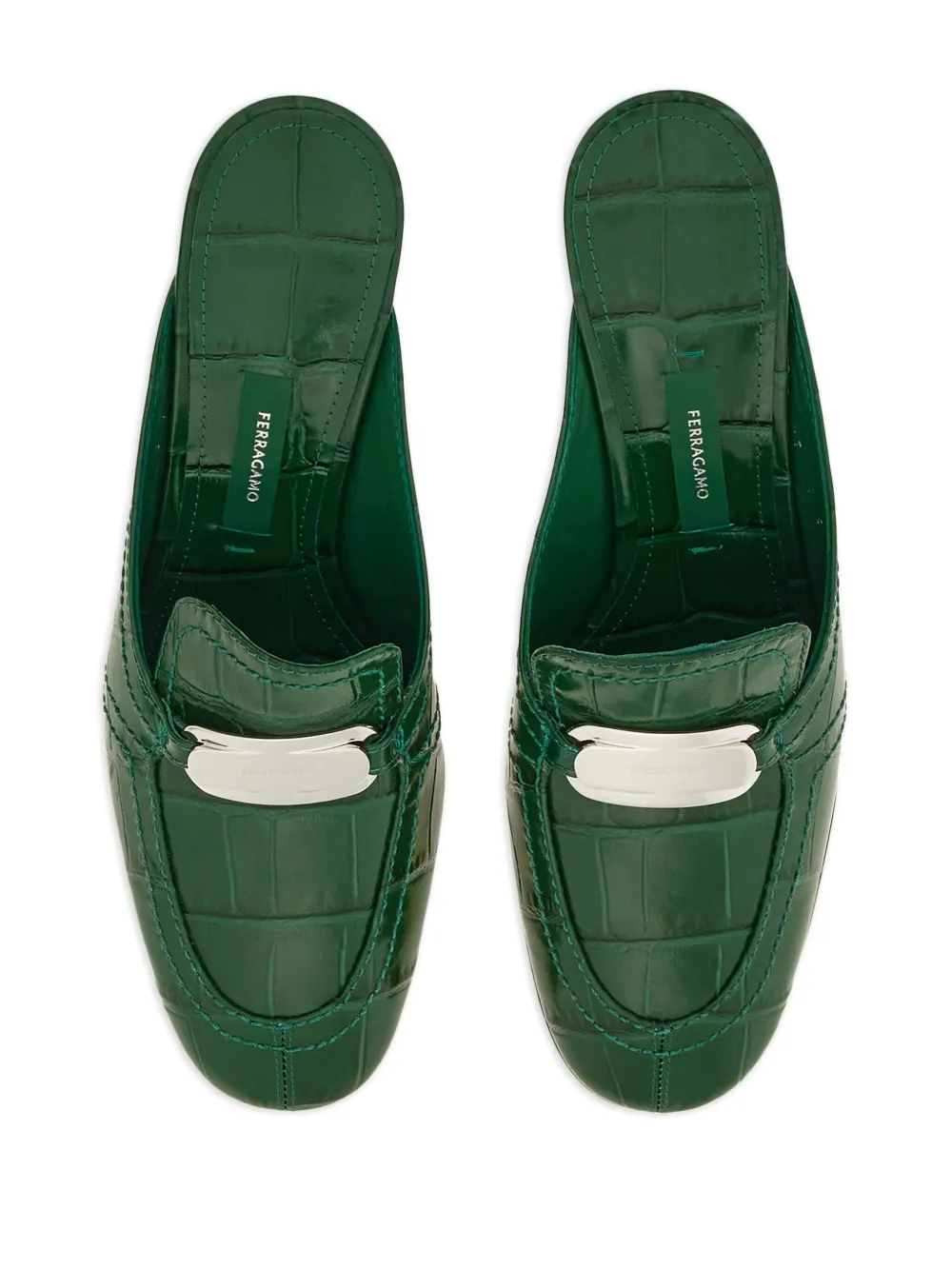 Мюли с тиснением под кожу крокодила и пряжками Ferragamo, зеленый — фото 4