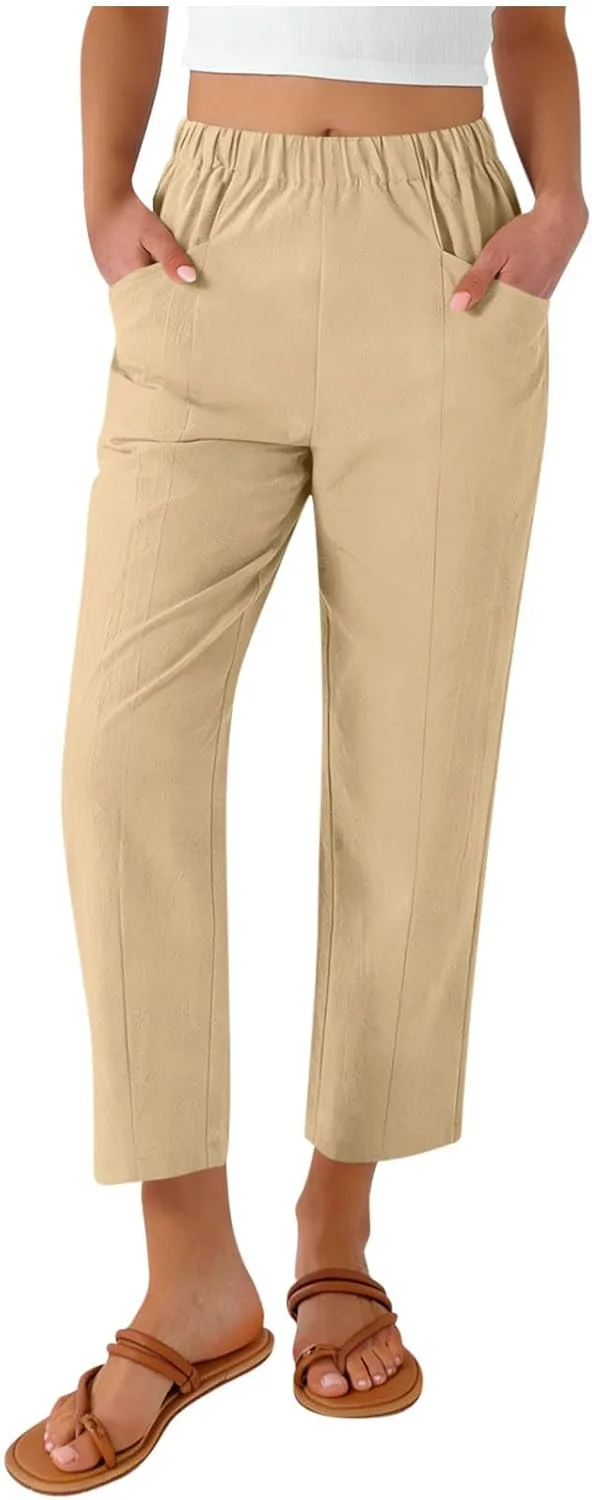 

Женские летние брюки прямого кроя из льна с эластичным поясом