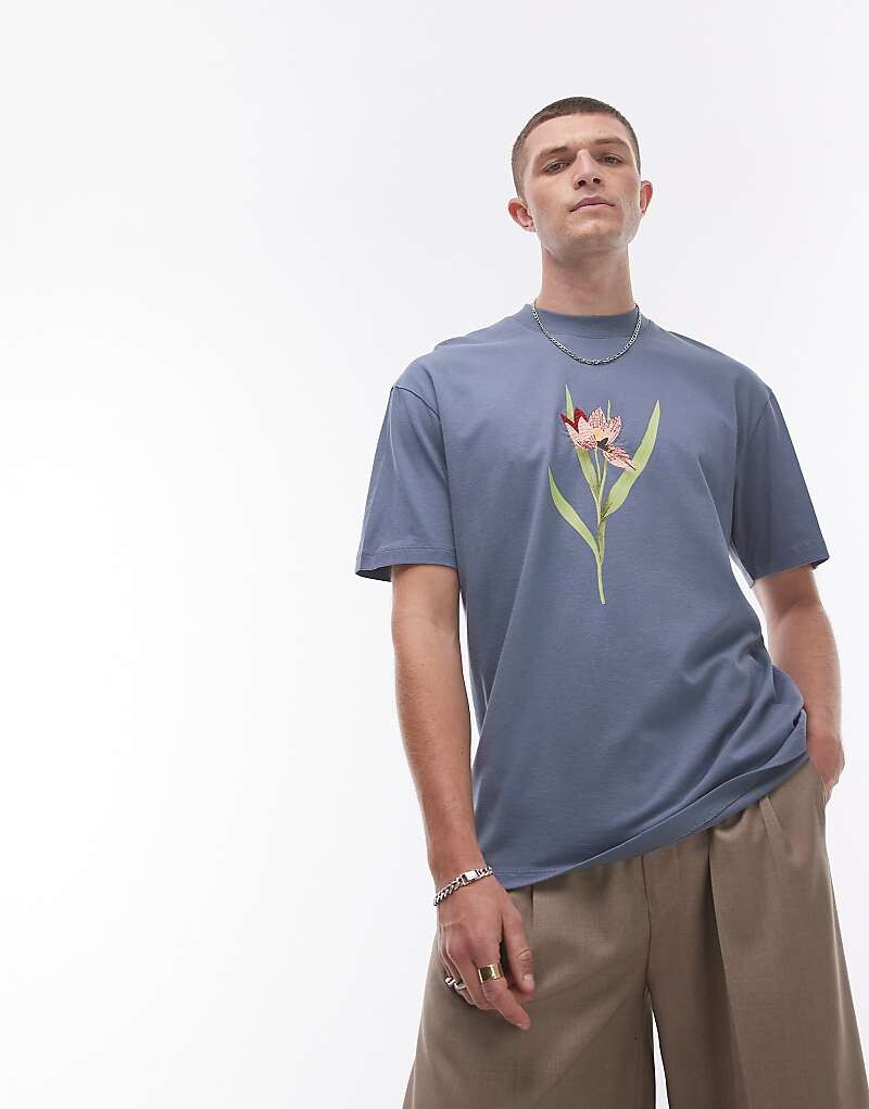 

Topman Premium – синяя футболка оверсайз премиум-класса с вышитым цветочным узором