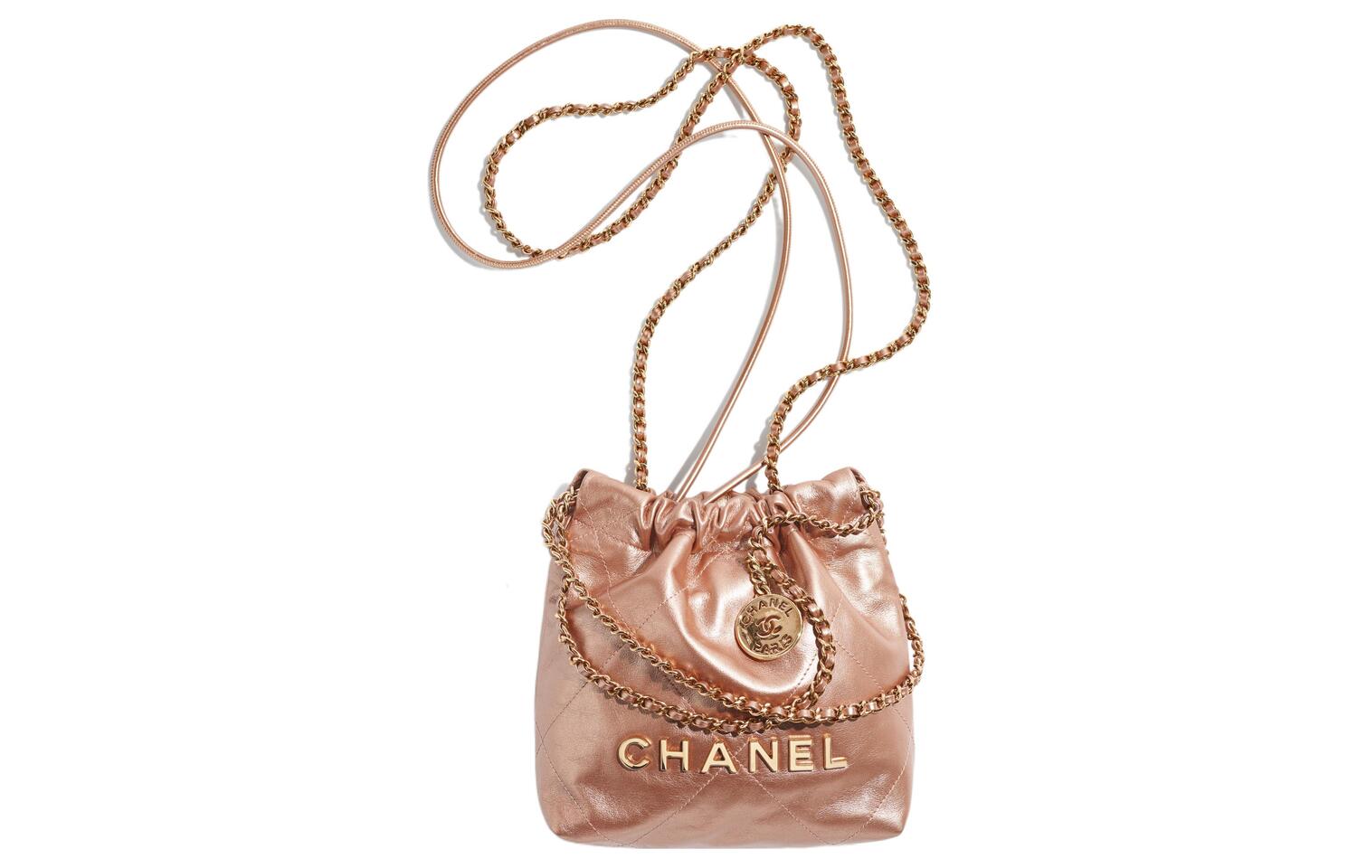 

CHANEL Сумка-ведро из металлизированной телячьей кожи миниатюрная женская медная розовая