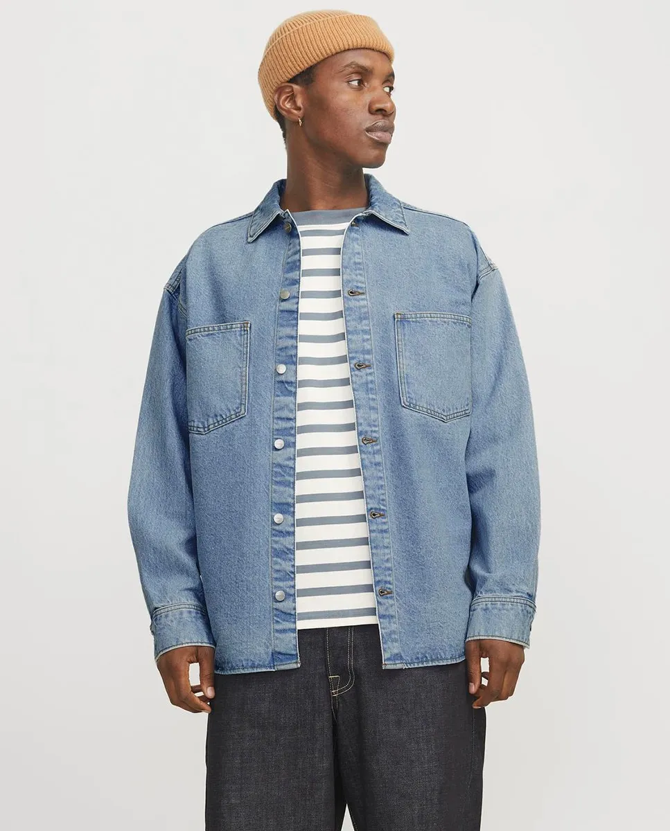 

Мужская однотонная джинсовая рубашка с боковыми карманами Jack & Jones, голубой