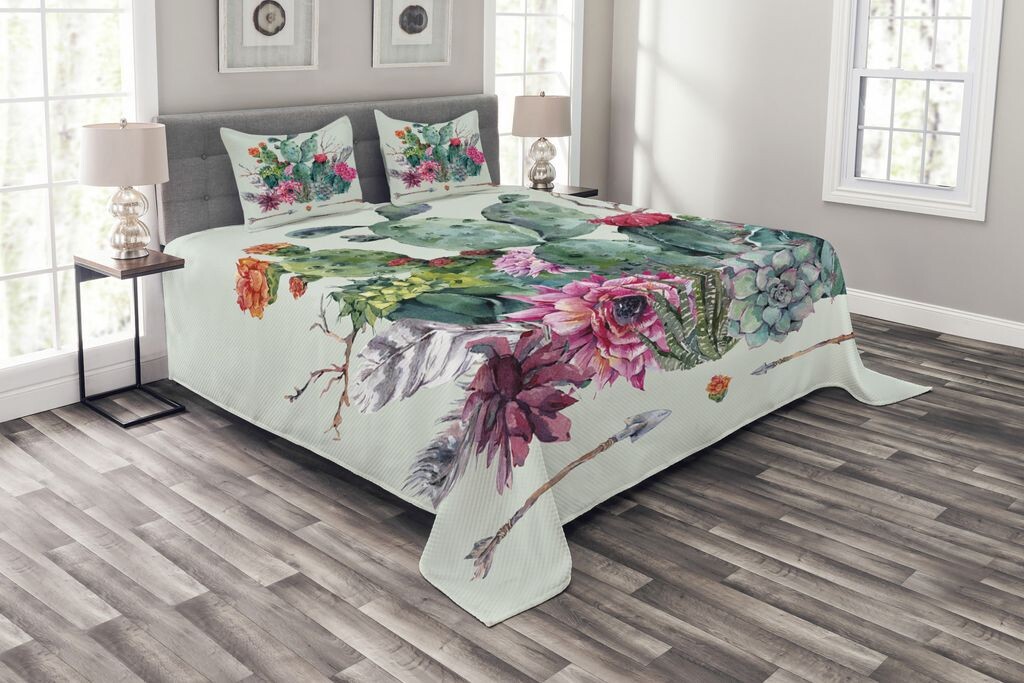 

ABAKUHAUS Комплект покрывала Cactus, Thorny Boho Flowers, комплект с моющимися наволочками, для односпальных кроватей 264 x 220 см, разноцветный