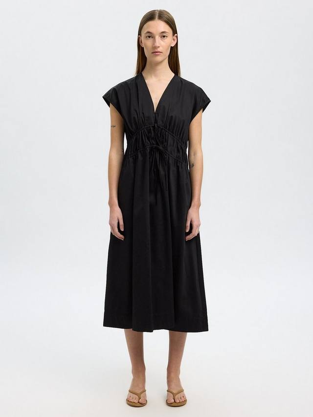 

Платье миди из хлопка с V-образным вырезом и галстуком Selected, Black