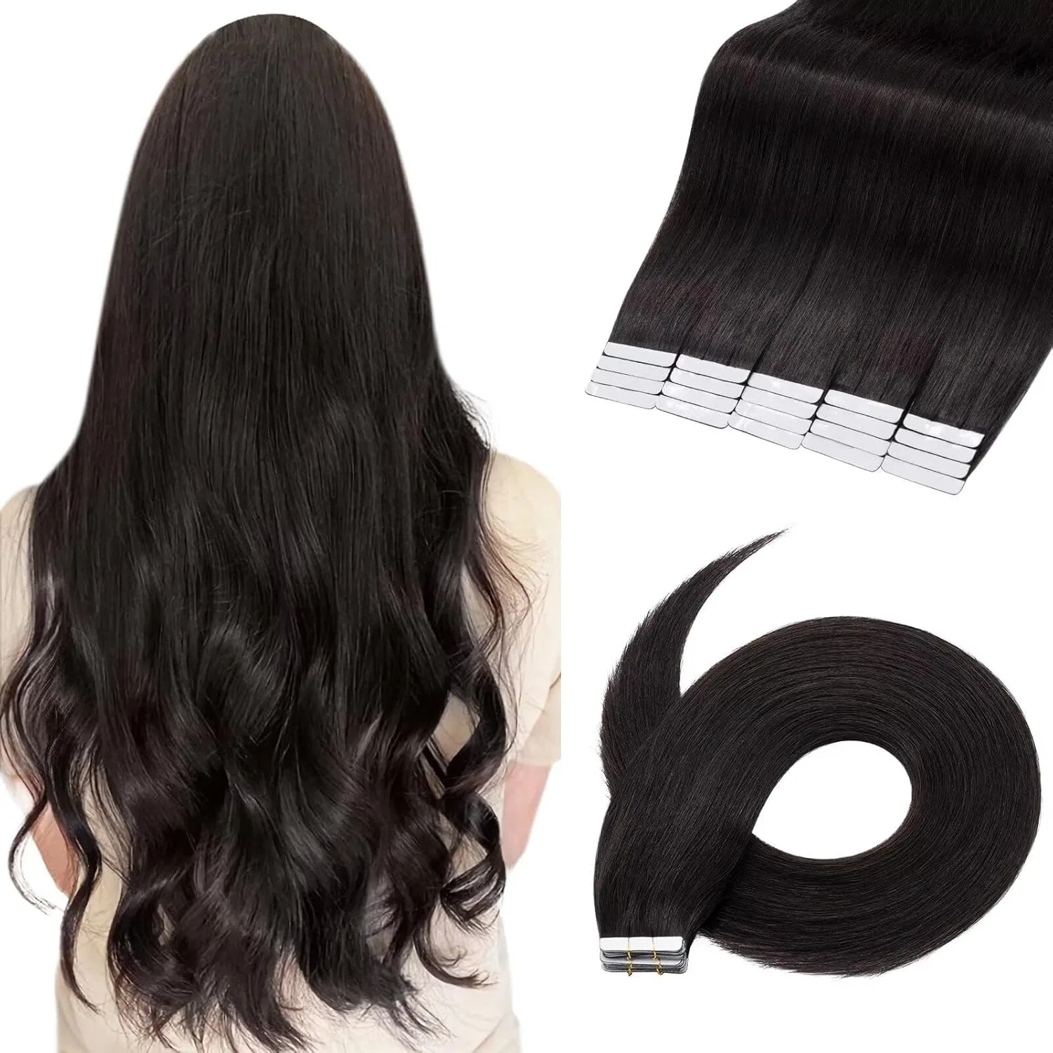 Накладные пряди TESS Smooth Remy Human Hair Tape-In Extensions, 45 см, натуральный черный (20 шт.) Tess, Natural Black
