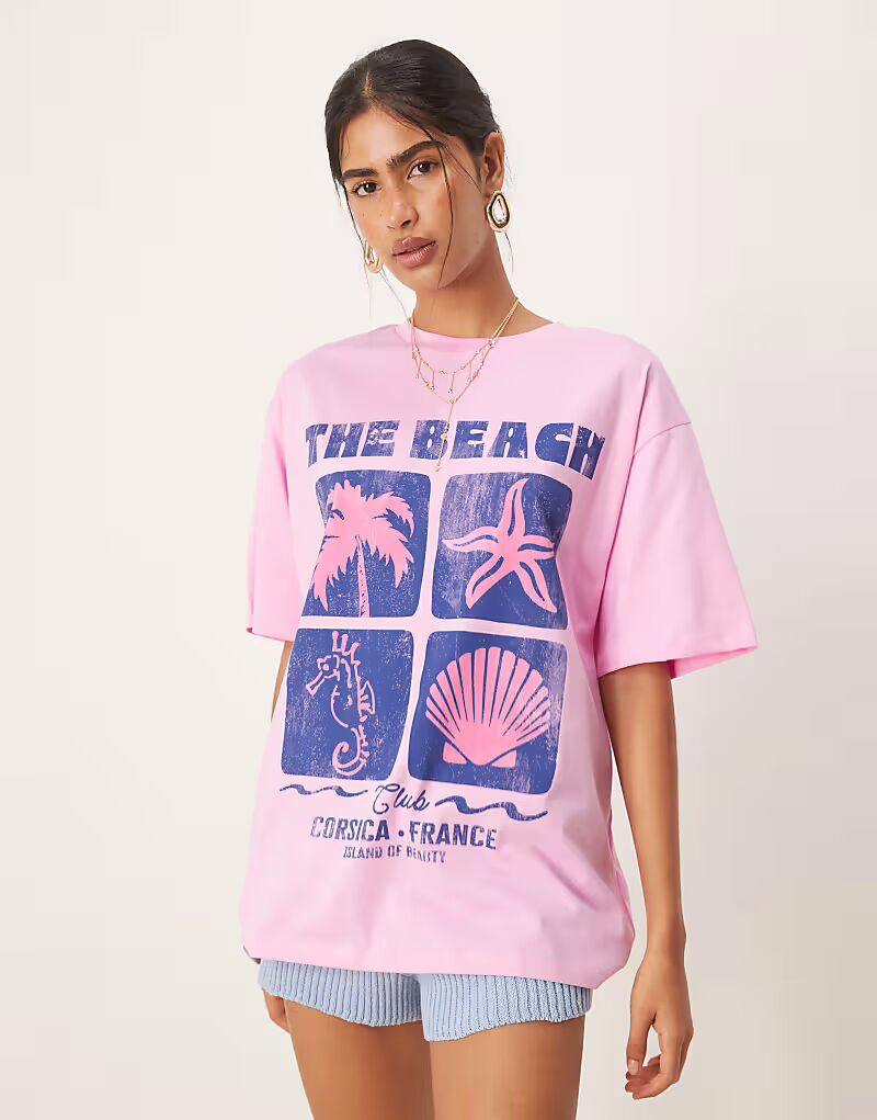 

Футболка ASOS DESIGN свободного кроя с принтом в виде ракушек розового цвета