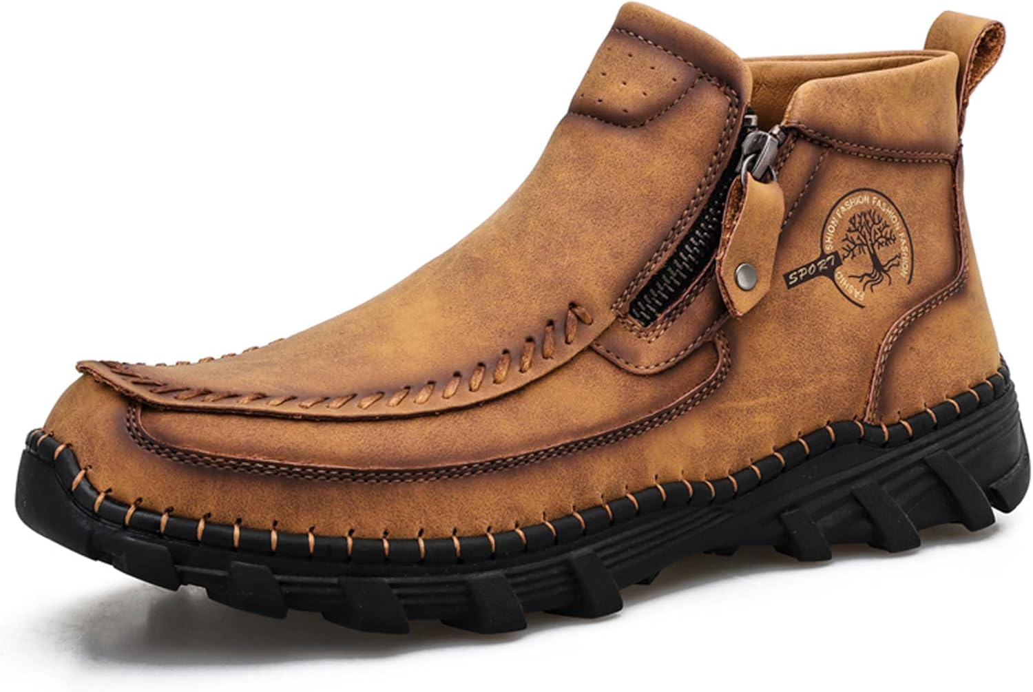 

Мужские премиальные кожаные повседневные туфли, модные прогулочные туфли, на молнии, в классическом рабочем стиле, ручная строчка, противоскользящие, прочные Generic, коричневый