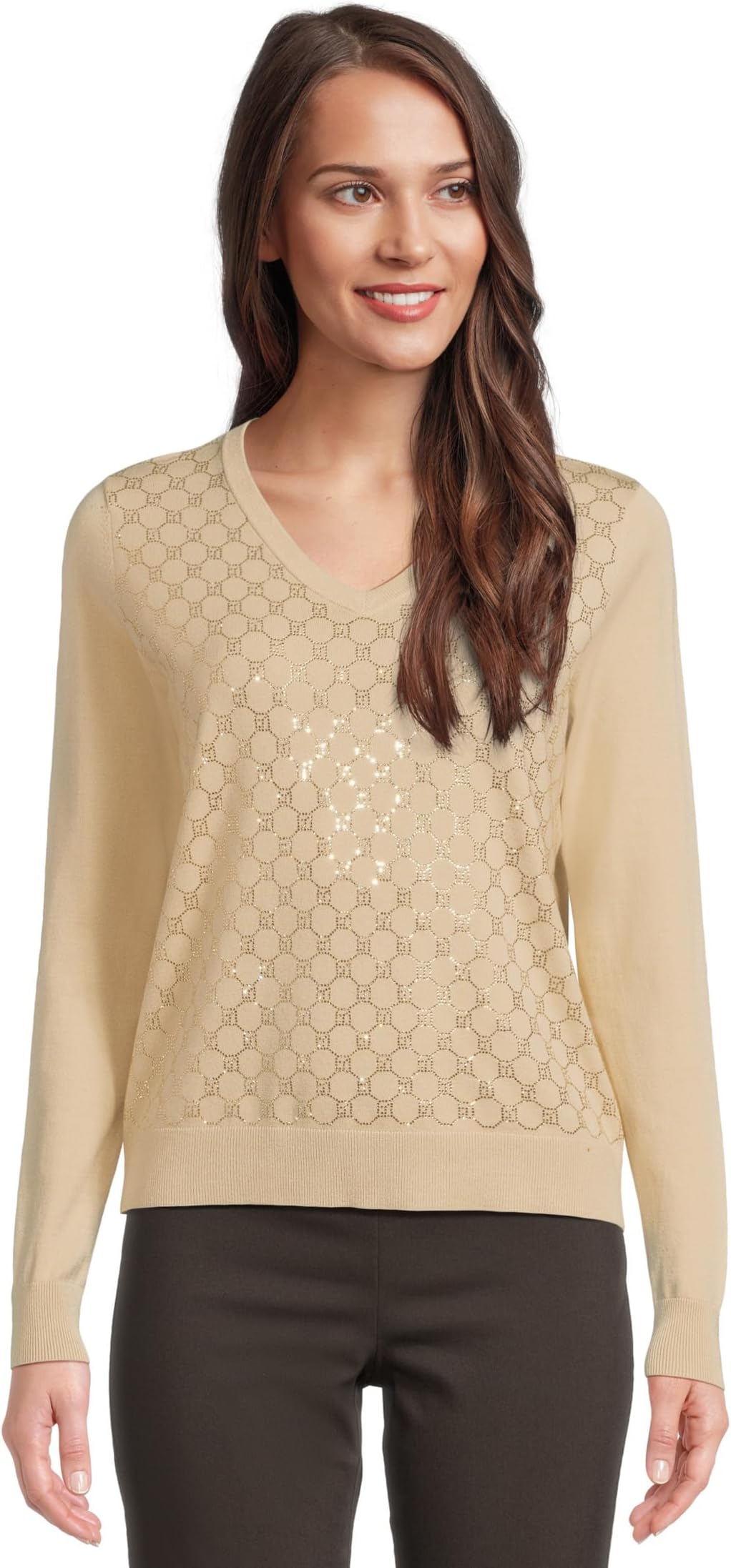 

Свитер Elliott Lauren Women's Pop Top - Long Sleeve V-Neck Sweater with Crystals detail, Almond