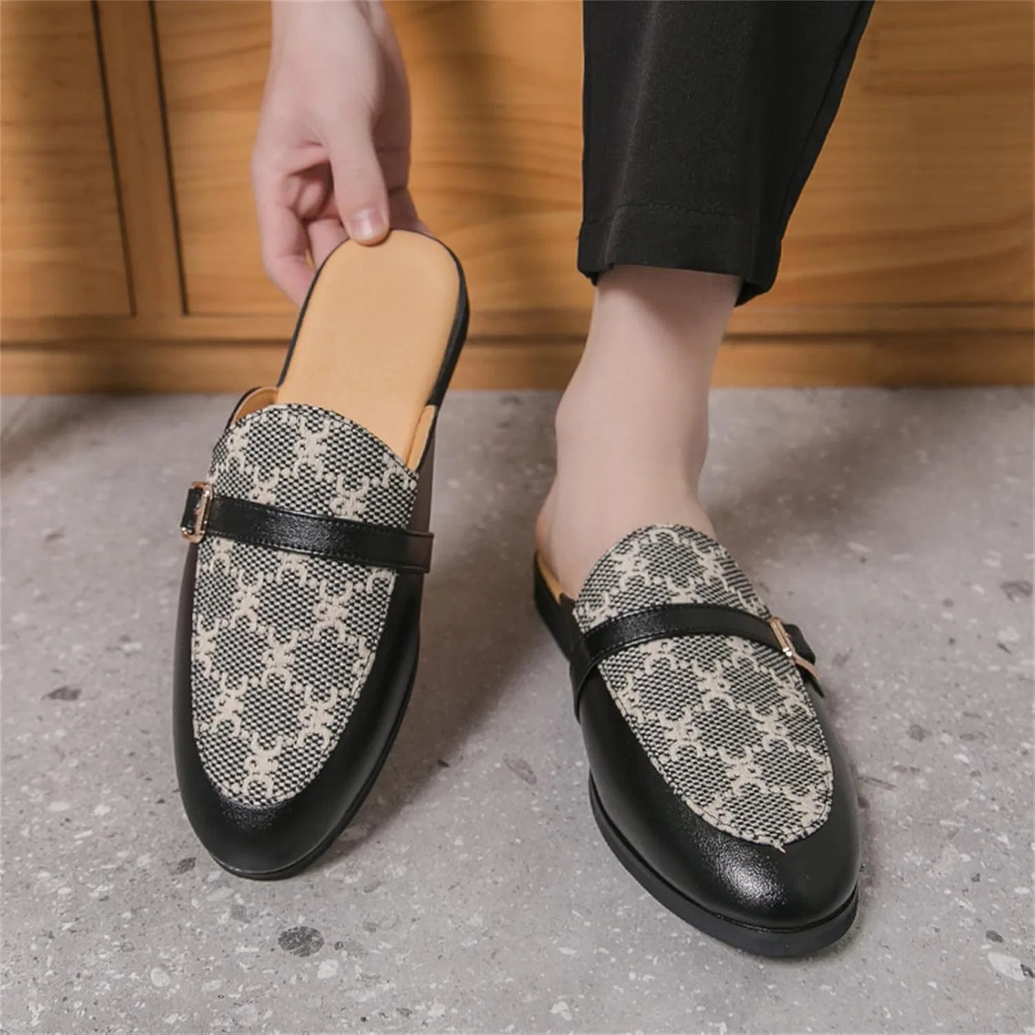 Мужские мюли с принтом, тканевые, с металлической пряжкой, Loafers Slip On, круглый носок, плоский каблук, легкие, повседневные, черные JSDWNDO — фото 3