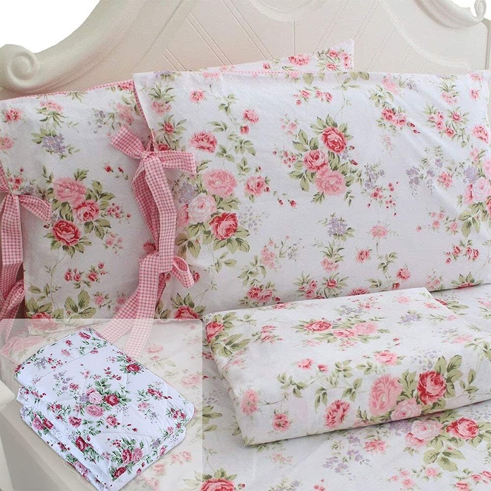 

FADFAY Комплект одеял с розовым цветочным принтом King Shabby Floral Summer Quilt 100% хлопчатобумажная ткань с простыней Постельные принадлежности Легкий двусторонний всесезонный пух Альтернативный пододеяльник 7 шт., King