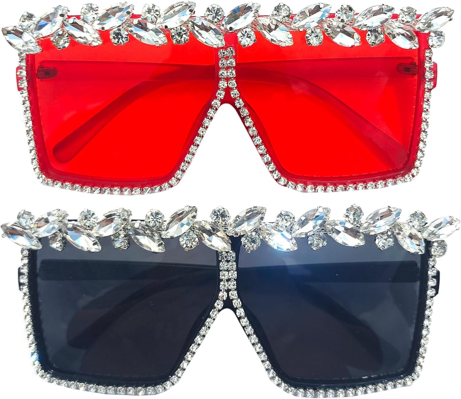 

Солнцезащитные очки Helena Y2K увеличенного квадратного размера с кристаллами и стразами, эффектные очки с плоской верхней частью, праздничные солнцезащитные очки для женщин, Black+red