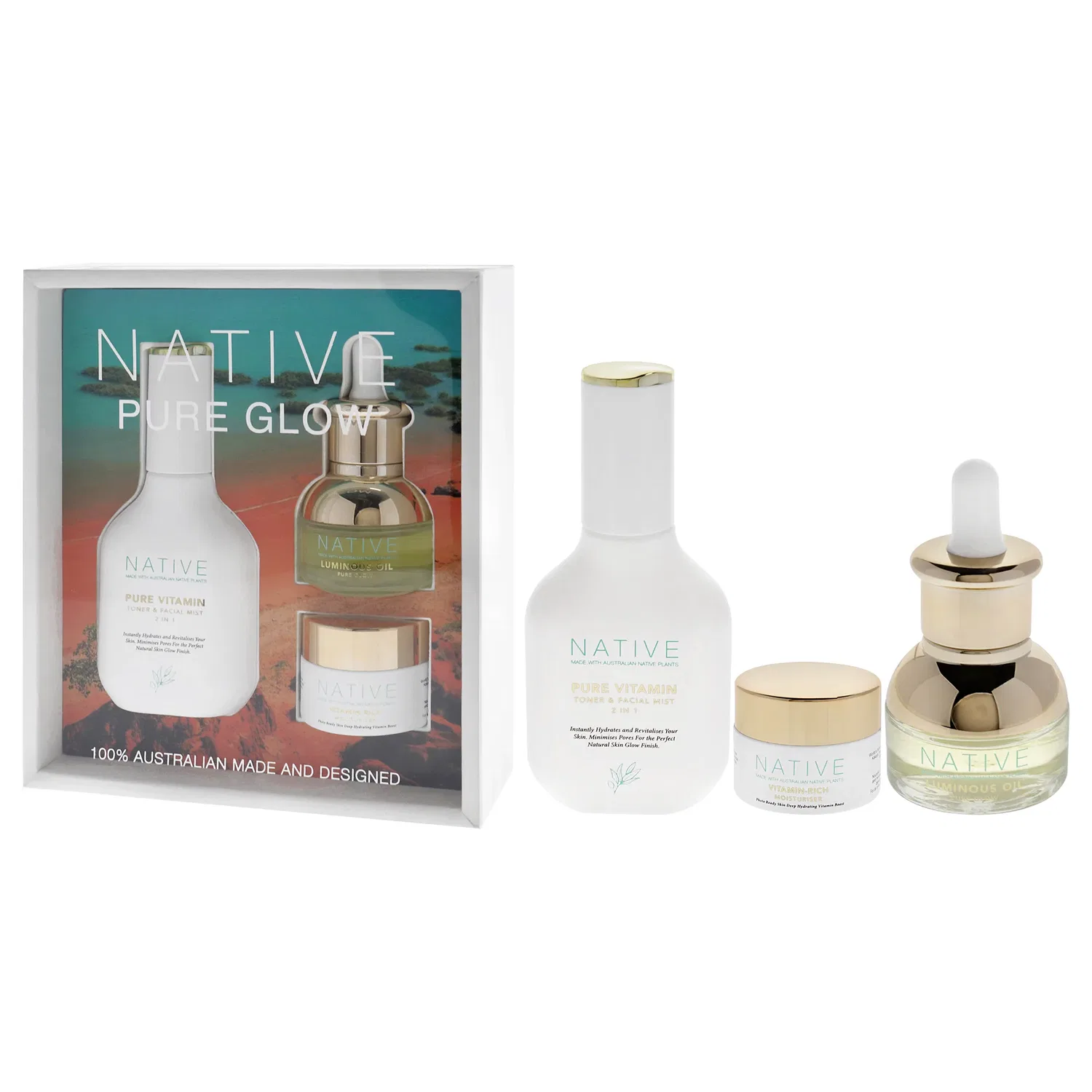 Набор Native Pure Glow от Klara для женщин - 3 предмета: тоник и спрей для лица Pure Vitamin, 0,5 унции увлажняющего крема с витаминами, 0,5 унции масла Luminous Oil Pure Glow, мультиколор — фото 4