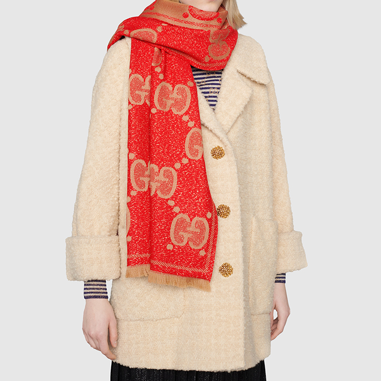 GUCCI Вязаный шарф женский красный и бежевый, Red and Beige — фото 4