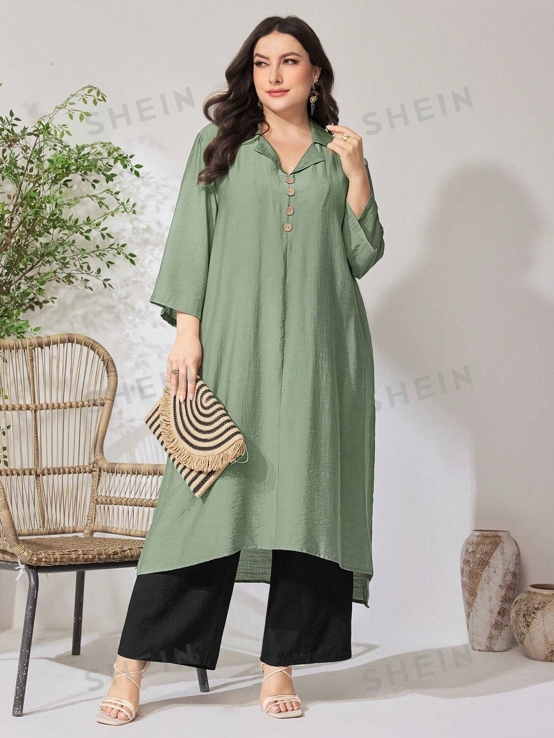 

Mulvari Plus Size Однотонный простой комплект из топа и брюк из 2 предметов Shein, зеленый