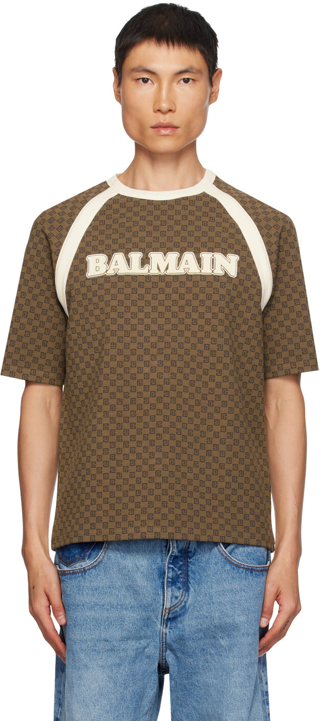 

Balmain Коричневая мини-футболка с монограммой в стиле ретро, Коричневый, Balmain Коричневая мини-футболка с монограммой в стиле ретро