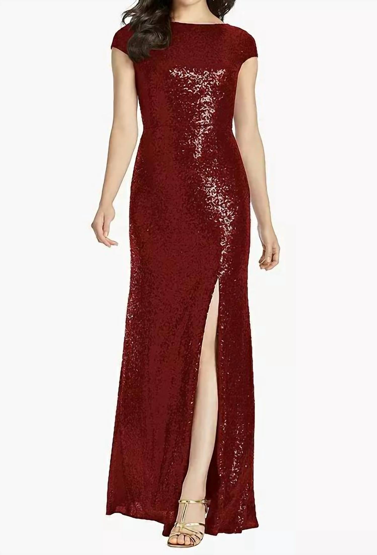 

Кап-слив платье Elle с пайетками и низким капюшоном сзади в бордовом цвете Dessy