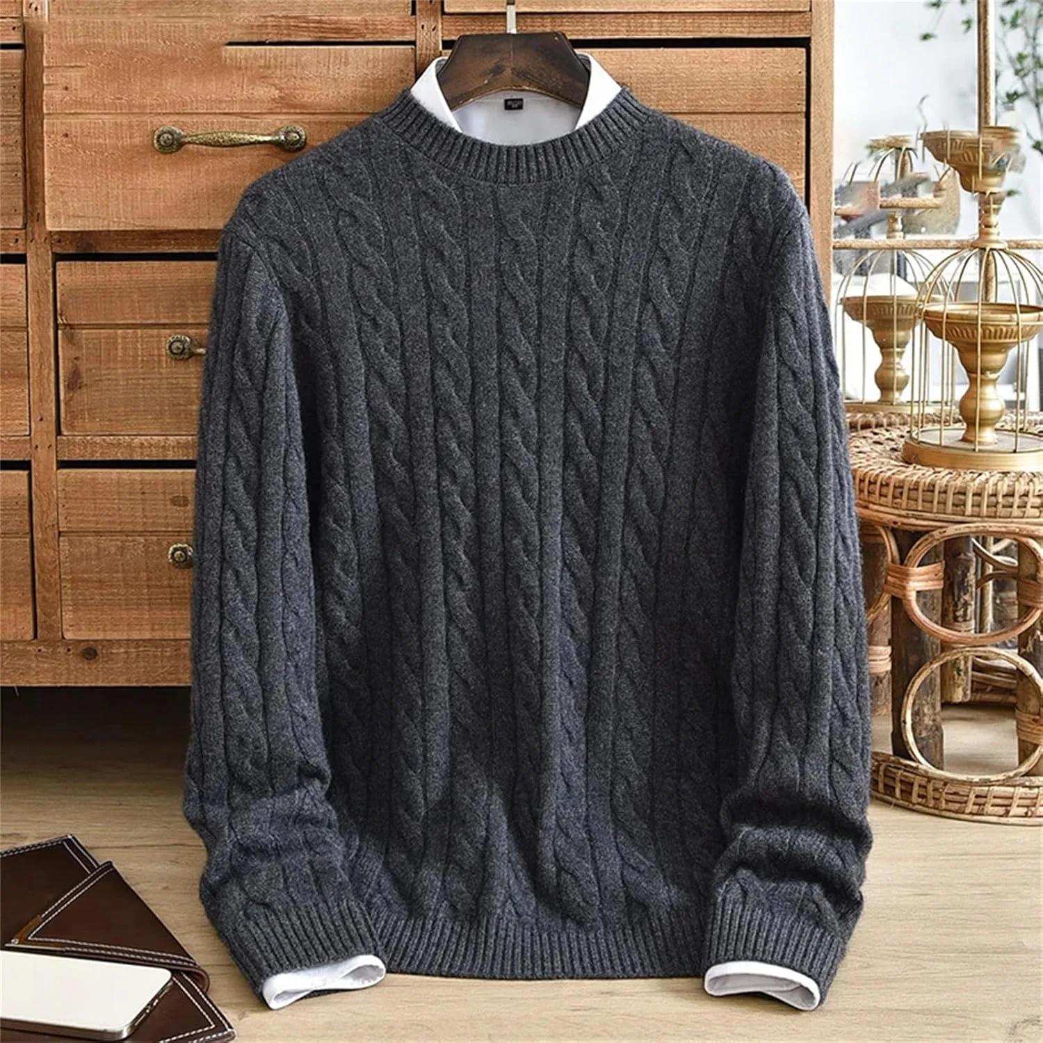 Свитер мужской Twisted Round Neck Solid Cashmere, двойная нить, утепленный — фото 3
