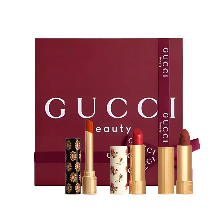 GUCCI Подарочный набор матовой помады Pleuche Velvet Mist, 3.5г+3.5г+3.5г, Three-Piece Set: Glow Lip Balm #515+Silky Lip Balm #25+Velvet Lip Balm #505