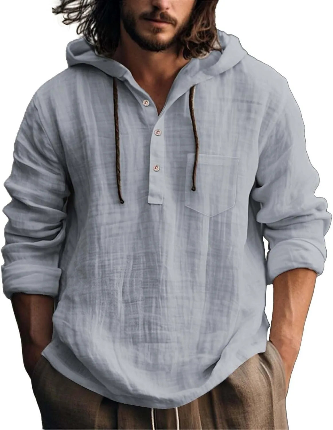 

Мужская легкая хлопковая льняная рубашка с капюшоном и длинным рукавом
