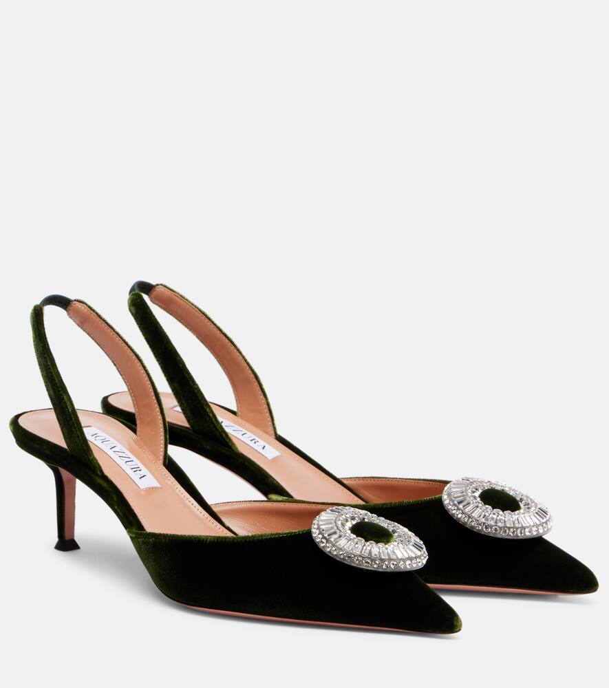 Бархатные лодочки Crystal Hoop 50 на шлейках Aquazzura, Muschio
