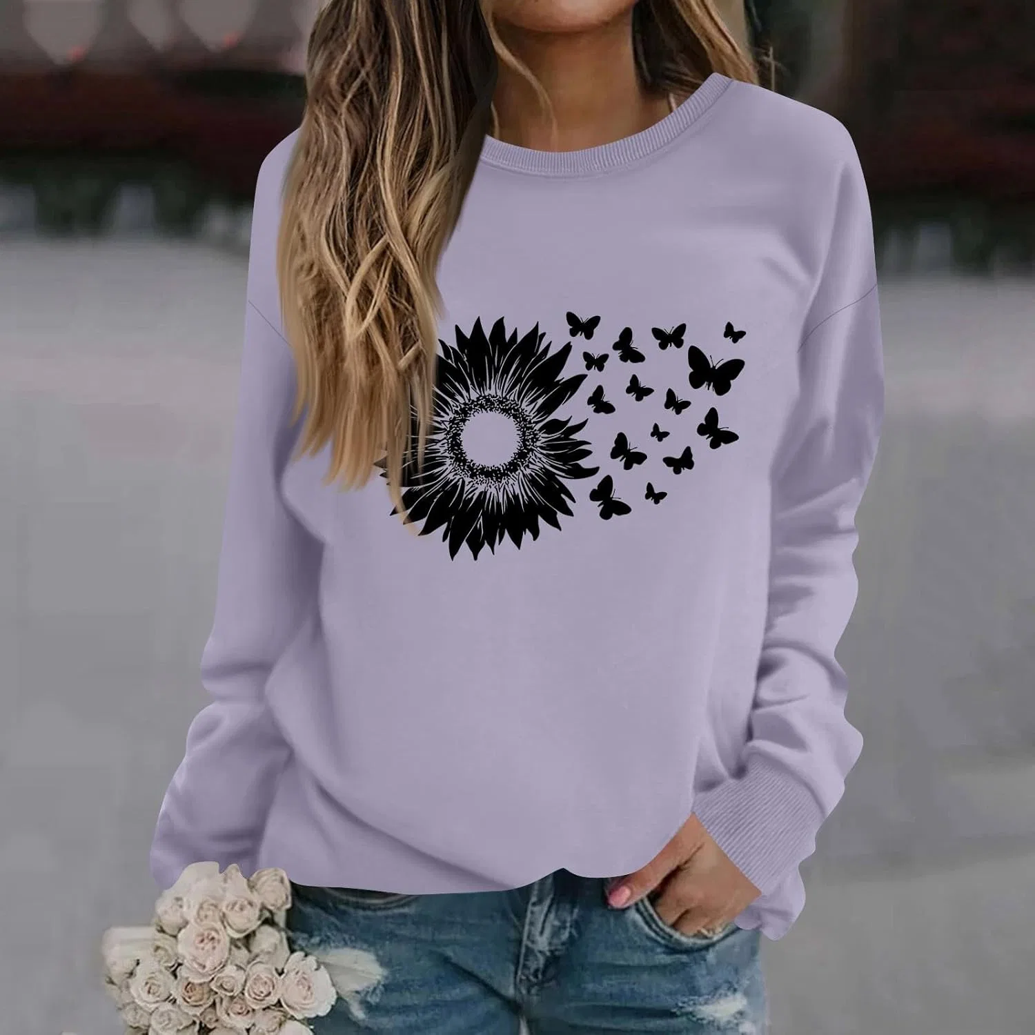 Женский свитшот с цветочным принтом, свободный крой, длинный рукав, 1-purple — фото 3