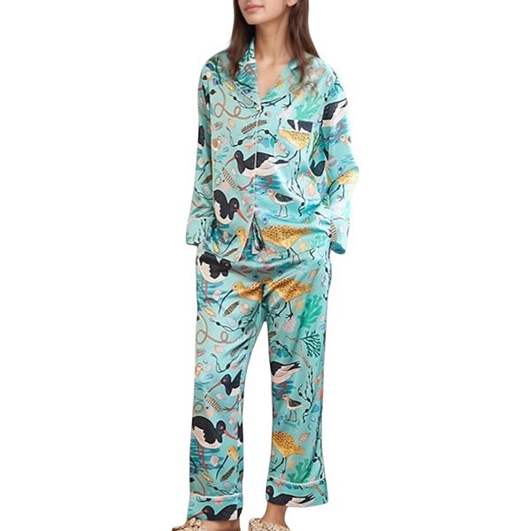 

Женский пижамный комплект с принтом тропических птиц, длинный рукав и свободные шелковистые брюки Anna-Kaci