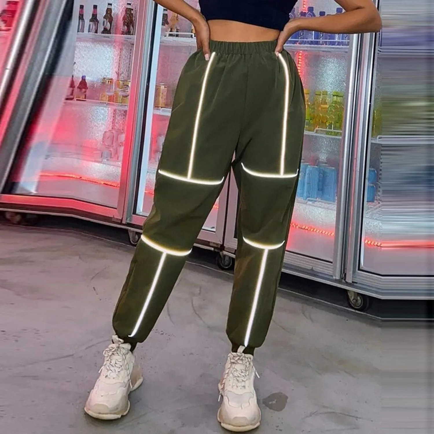 Женские брюки с высокой талией и зауженным кроем, модные брюки в стиле Y2k со светоотражающей полосой для ночного бега, спортивные брюки, повседневные брюки-карго с широкими штанинами Generic, зеленый — фото 4