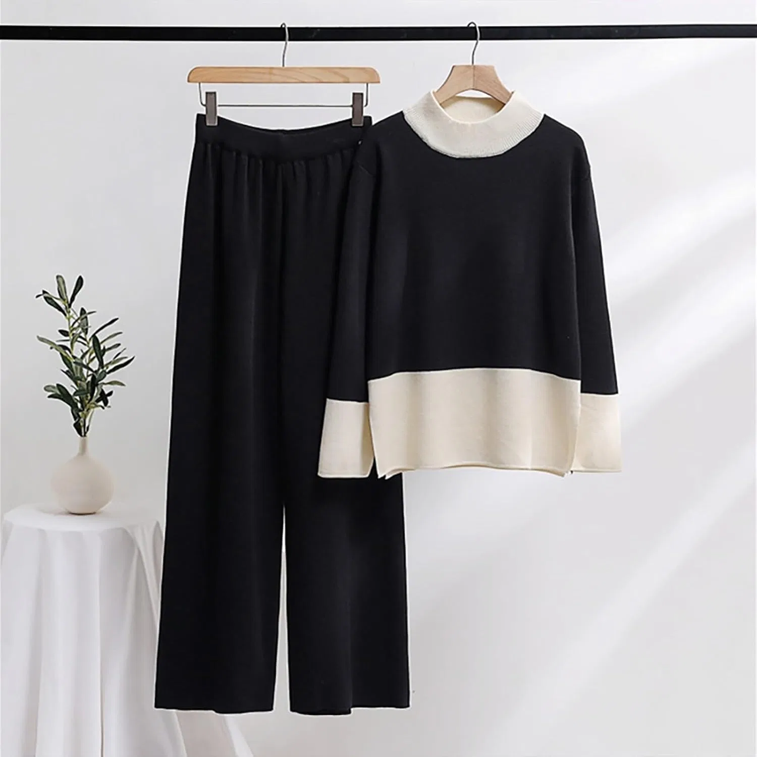 Женский спортивный костюм Ribbed Knit, топ и широкие брюки, A03_black — фото 2