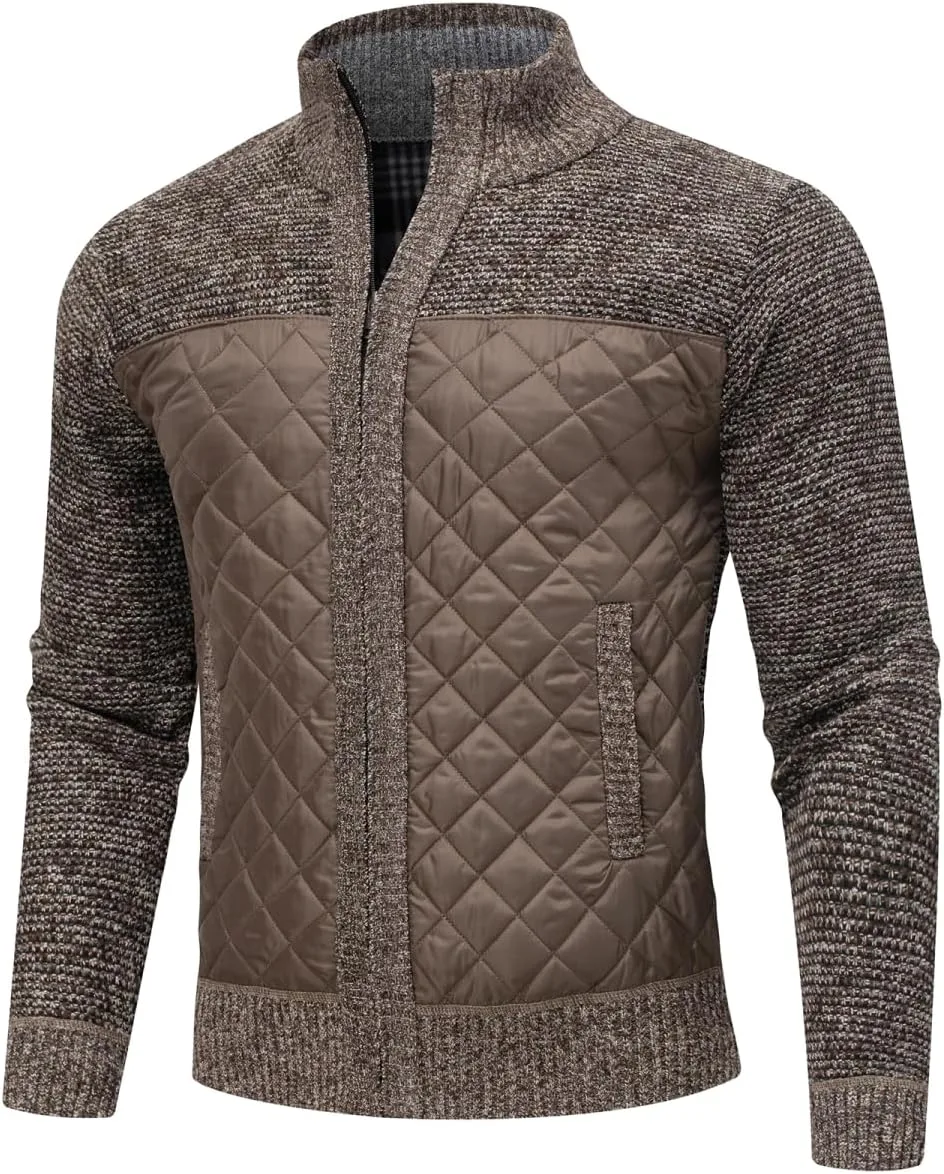 

Мужской кардиган с полной застежкой-молнией, воротником-стойкой, кабельной вязкой и карманами AKuVoL