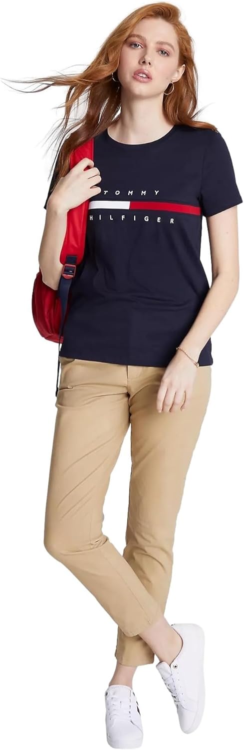 Женская футболка с полосатым логотипом Tommy Hilfiger, Embroidered-Flag Desert Sky Navy — фото 2