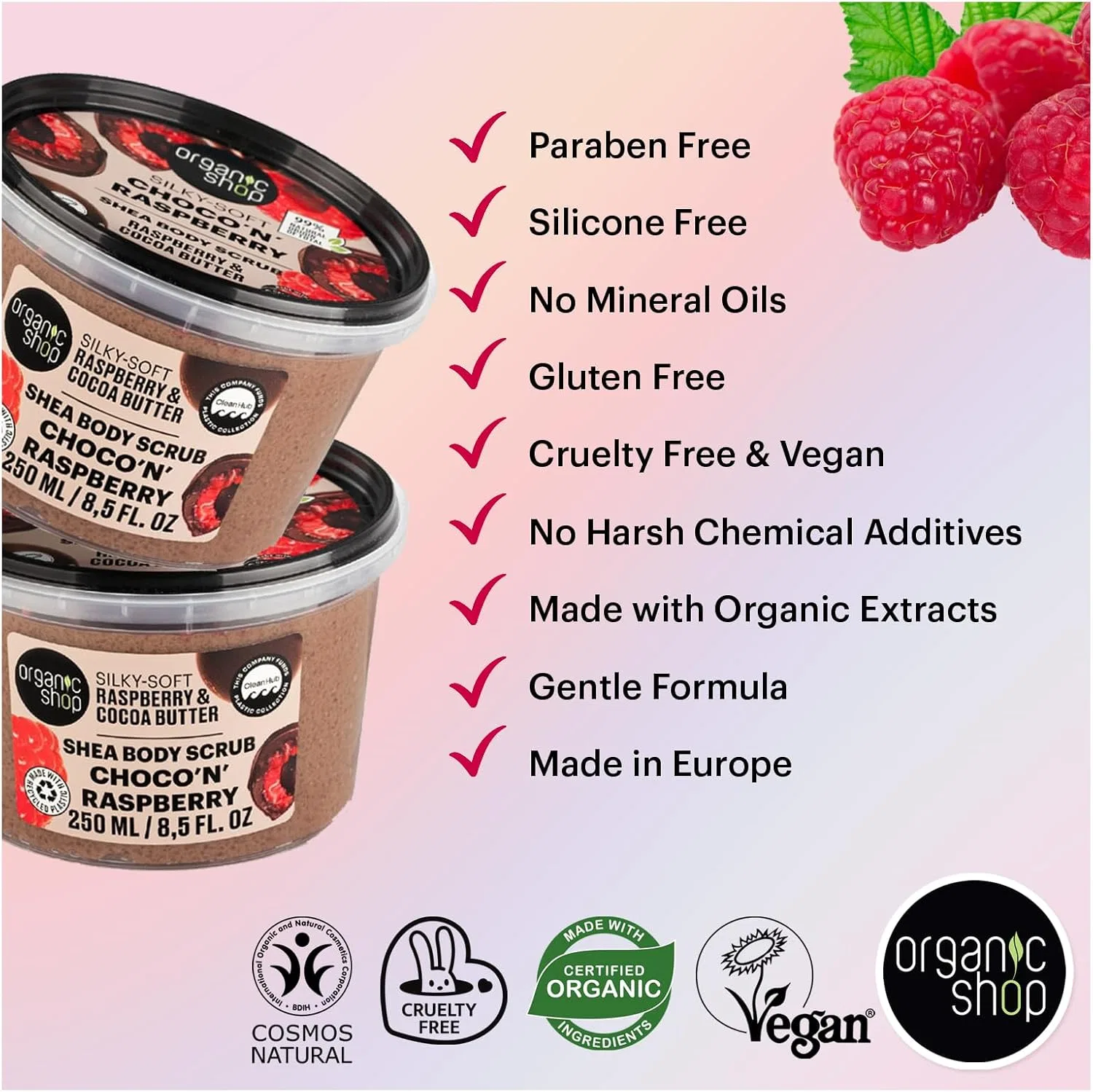 Скраб для тела Organic Shop с маслом ши, какао и малиной, 255 мл — фото 4