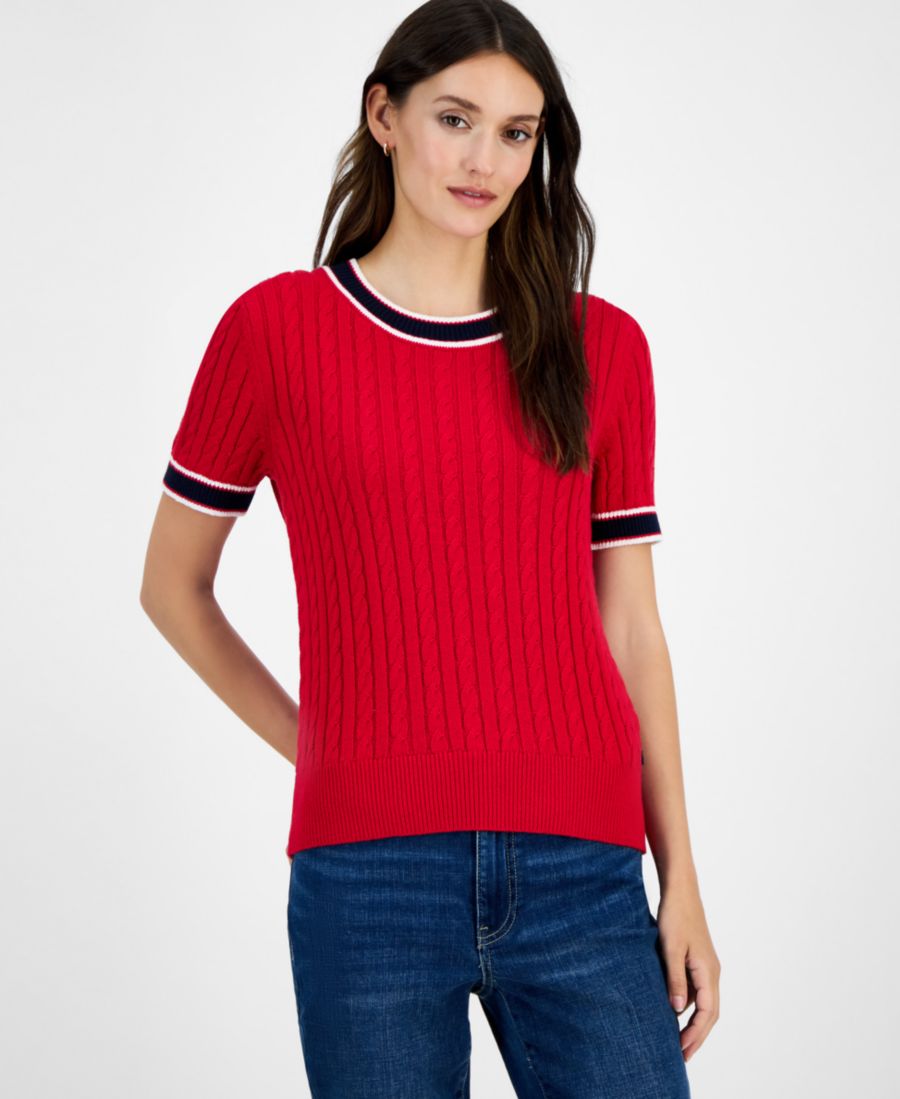 

Женский хлопковый свитер с короткими рукавами и косами Tommy Hilfiger, Scarlet