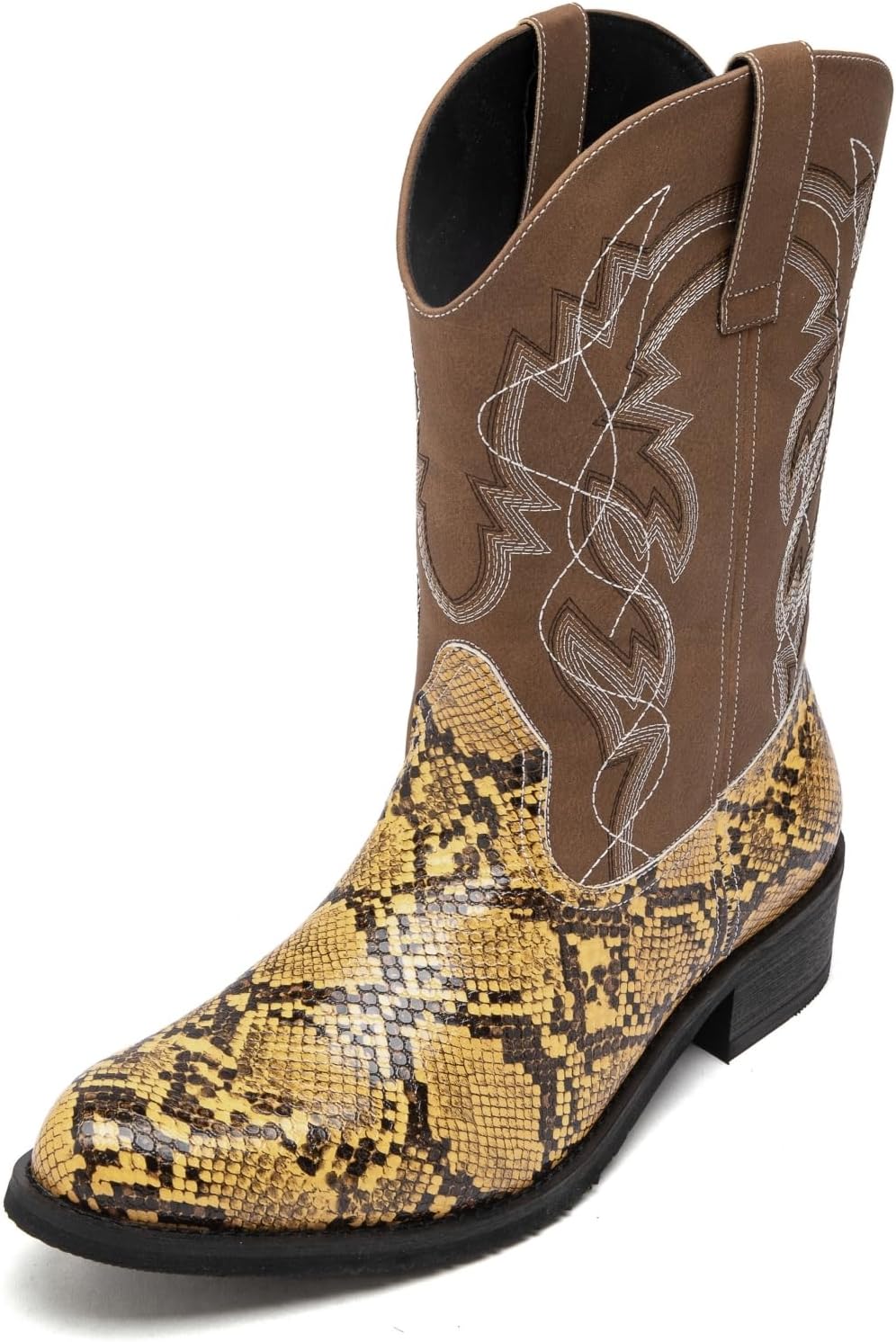 

Ботинки Gnvkxeu Python Manning для мужчин, ковбойские, классический заостренный носок, западного стиля, с тянущейся змеиным принтом вышивкой, средние по голени, Camel