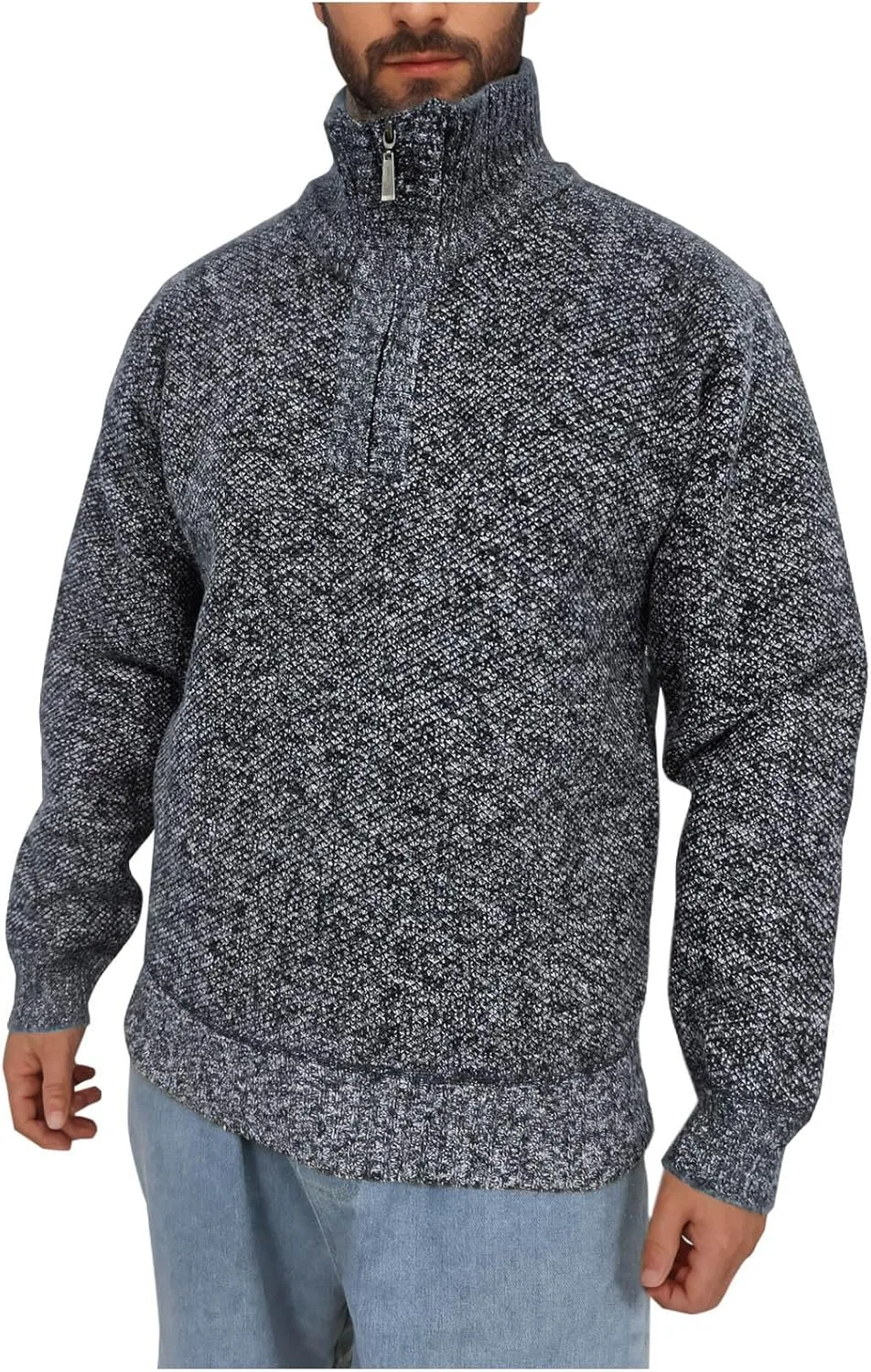 Мужской свитер с четвертью молнии Slim Fit, длинный рукав, вязаный, текстурированный, с высоким воротником — фото 2