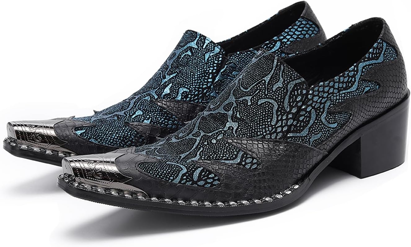 

Мужские туфли-слипоны, повседневные лоферы с металлическим заостренным носком, каблук-блок, двухцветная кожа, стиль вестерн, для офиса, вечеринок и баров Santimon, Cyan