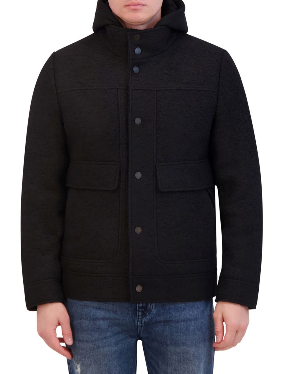 

Куртка с капюшоном из смесовой шерсти букле Kenneth Cole, черный