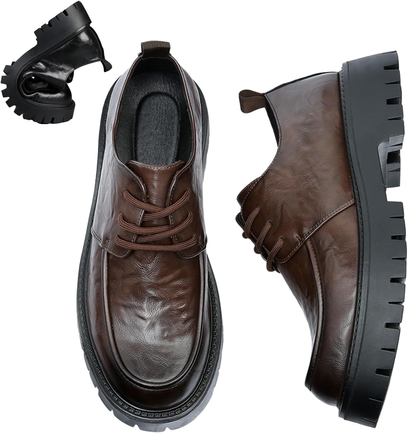 

Мужские кожаные туфли на платформе с каблуком Oxfords, классические с круглым носком, на шнуровке, с платформой, массивной подошвой, деловые формальные, противоскользящие, для увеличения роста, повседневные Derby Generic, темно-коричневый