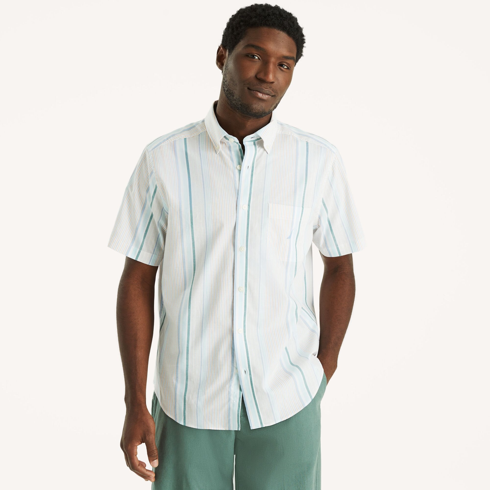 

Мужская полосатая рубашка с коротким рукавом Nautica, цвет bright white