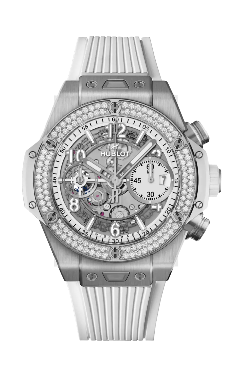

Часы Hublot Big bang univo из белого титана с бриллиантами 42 мм